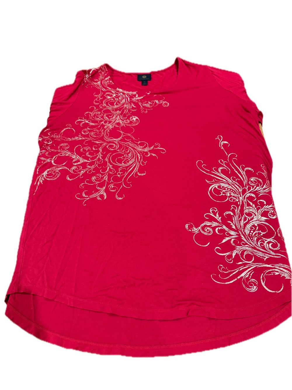 JM Collection Bright Red Tank Top with Silver Scroll Design